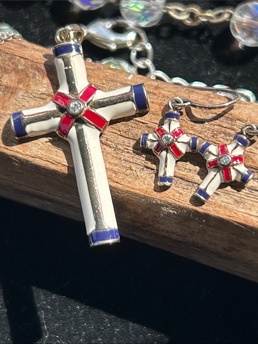 Diamond Enamel Sterling Silver Cross and Earrings set VTG